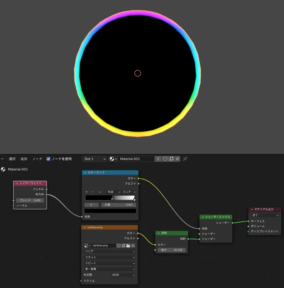 【Blender】オブジェクトの境界線を虹色(Rainbow)に発光させる ノード全体